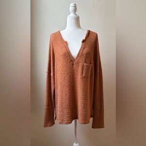 EFAN Waffle Knit Top Rust Orange Oversized Long Sleeve Boho Thermal Large